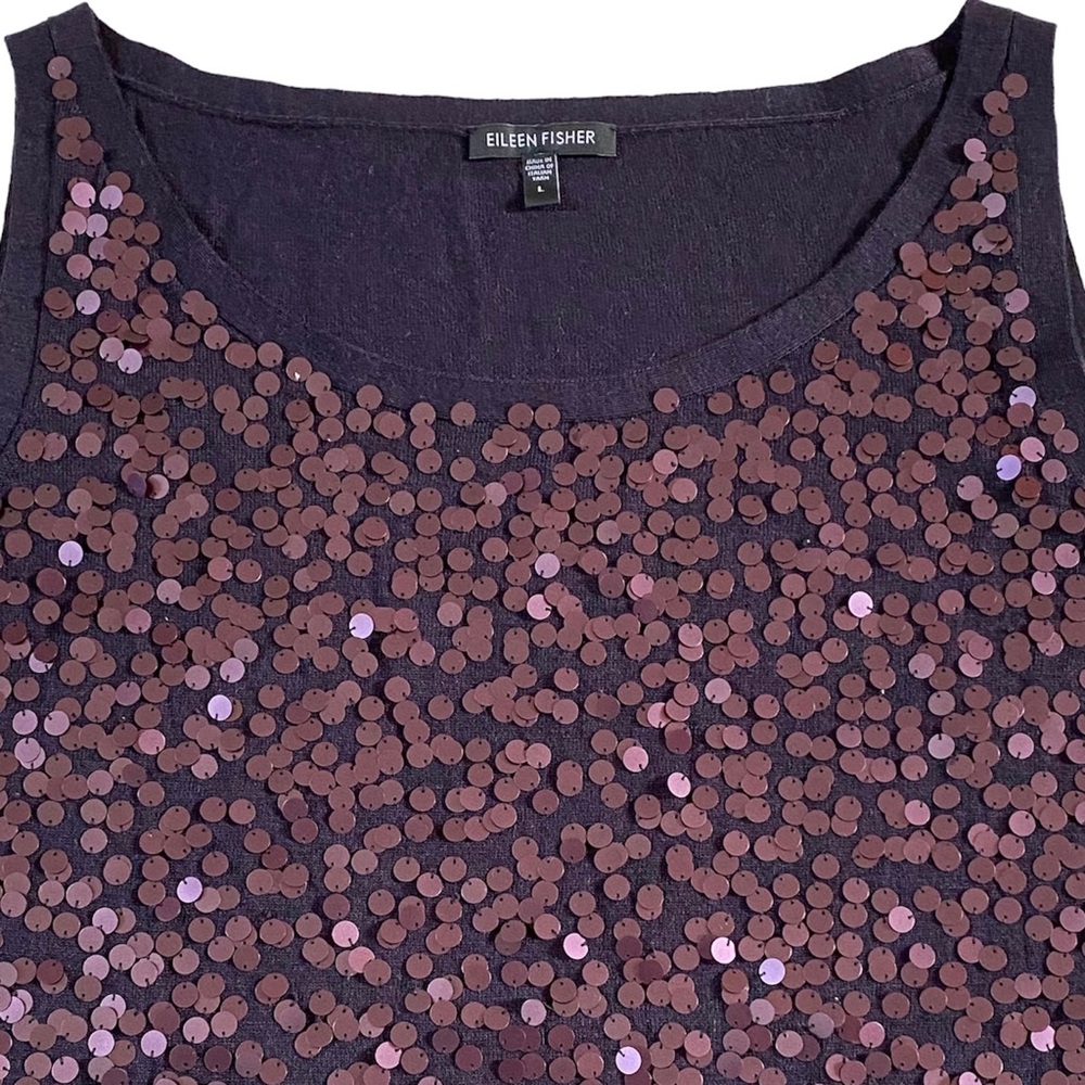EILEEN FISHER 100% BLACK MERINO WOOL & PURPLE SEQUIN TOP SIZE LARGE - Picture 8 of 16